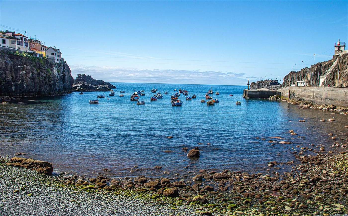 Fishing boats moored in the sheltered bay at Camara de Lobos, with houses on the clifftop and the harbour wall beyond, Madeira