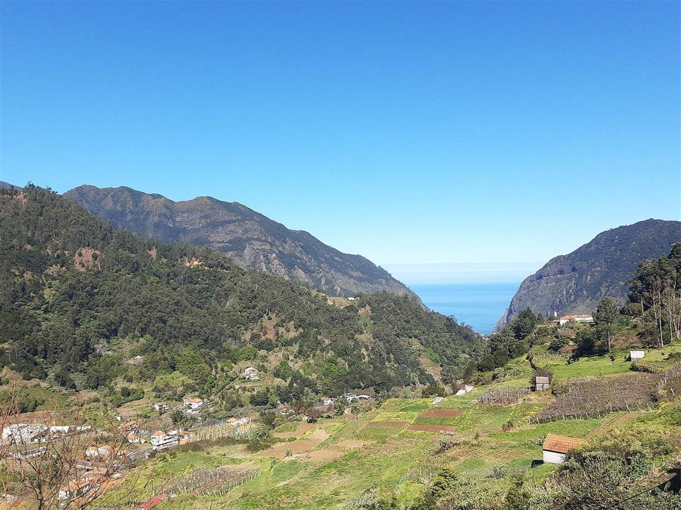 Green mountain valley near São Vicente, Madeira, opening to the Atlantic Ocean in the distance