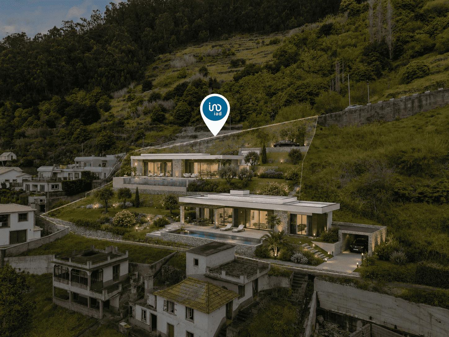 Developer's render: AI-generated concept of a two-level villa with two swimming pools that could be built on the plot, shown at dusk — not a real, existing building
