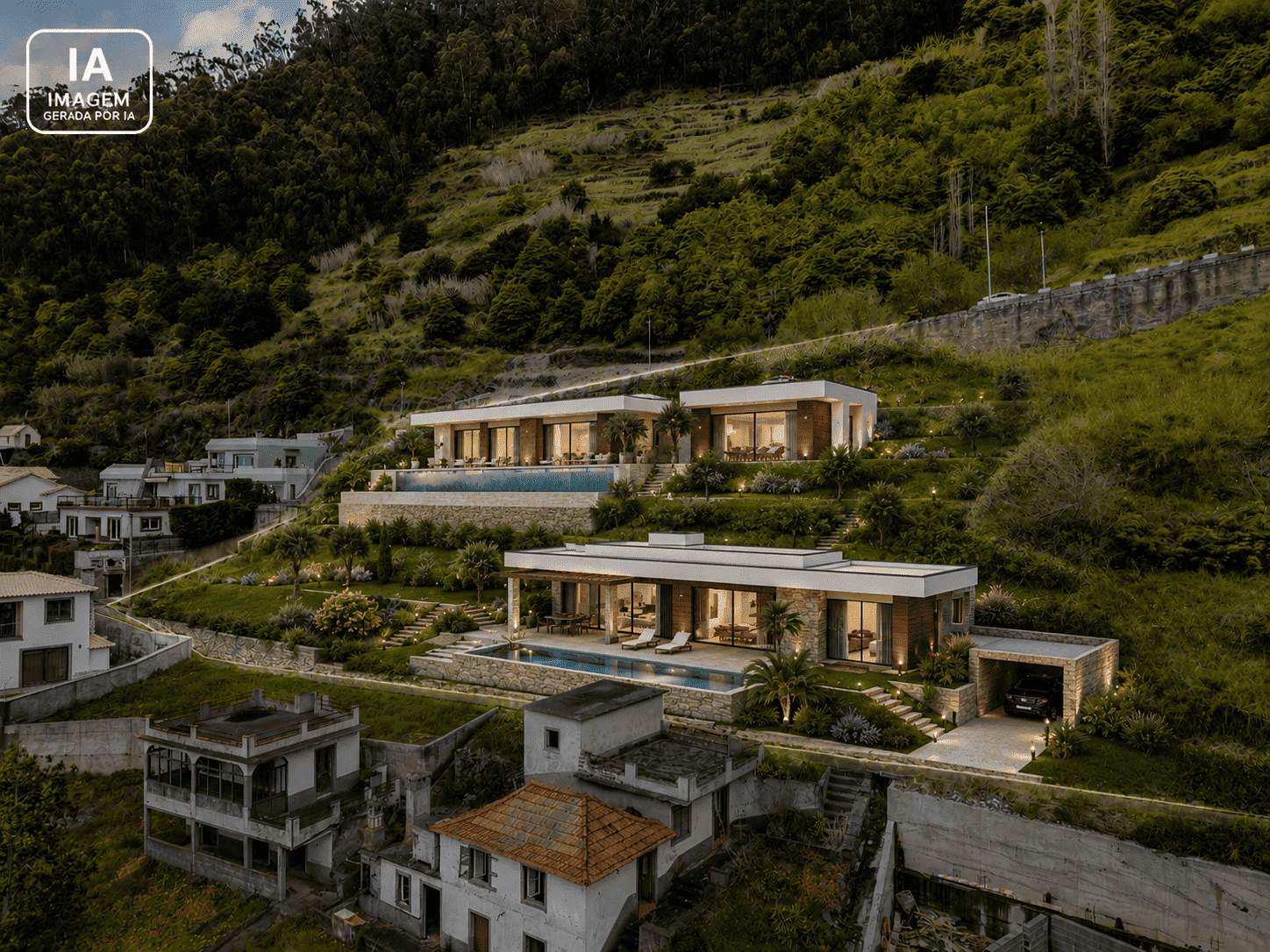 Developer's render: AI-generated concept of a two-level villa with two swimming pools that could be built on the plot, shown at dusk with an 'Imagem gerada por IA' AI-disclosure watermark — not a real, existing building