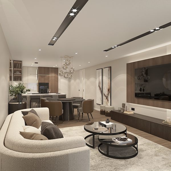 Developer's render of the open-plan living room looking through to the kitchen and dining area