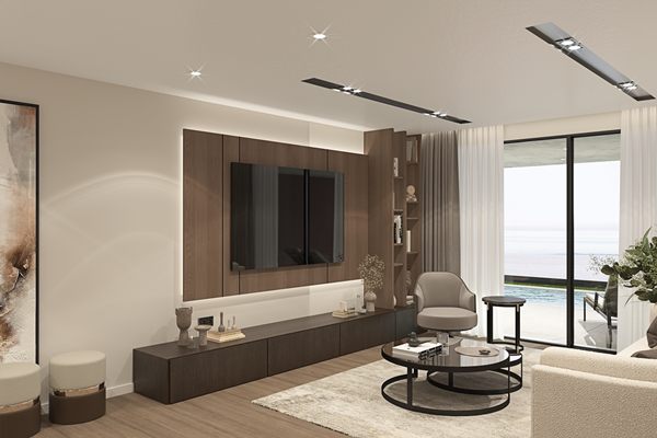 Developer's render of the living room with a sliding glass door to the terrace