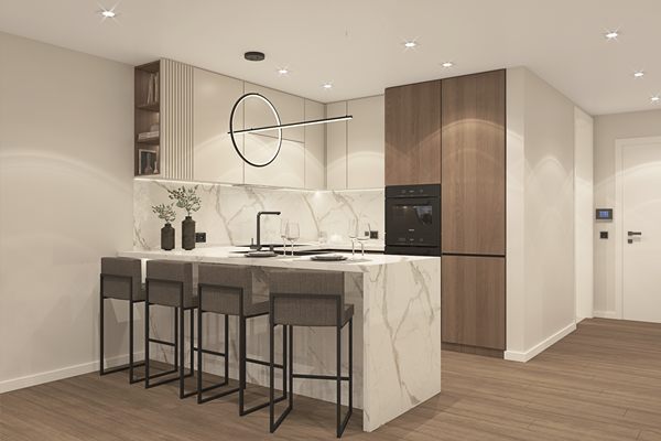 Developer's render of the kitchen with a stone island and bar stools