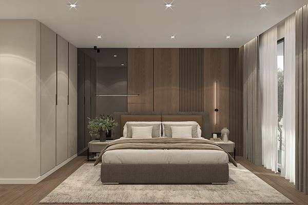 Developer's render of the bedroom with a panelled wall and fitted wardrobes