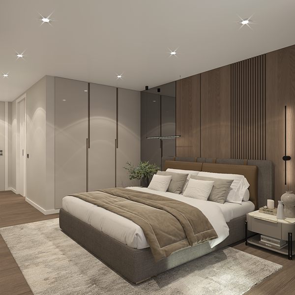 Developer's render of the bedroom from the opposite side, showing the dressing area
