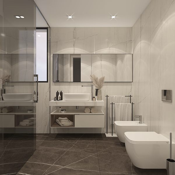Developer's render of a bathroom with a double basin and a large mirror