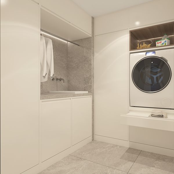 Developer's render of the laundry area with a washer and dryer stacked in a fitted recess