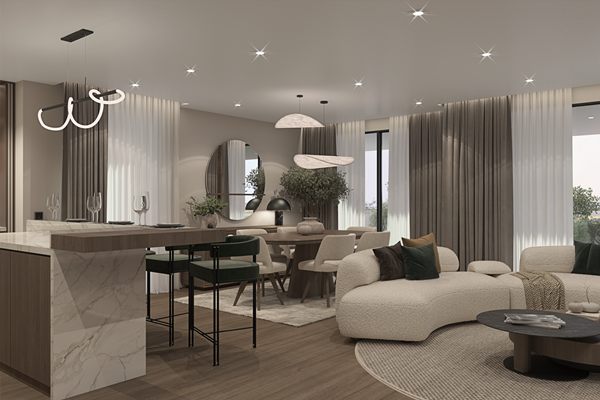 Developer's render of the open-plan living room and kitchen with a walnut island and pendant lighting