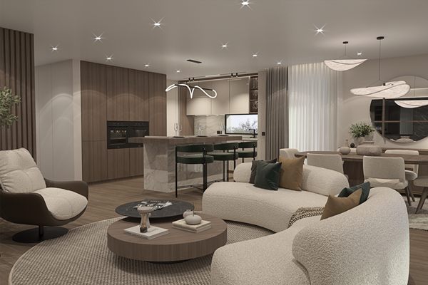 Developer's render of the living area from the far end, curved sofa and a wall-mounted television