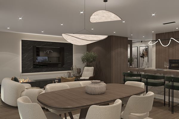 Developer's render of the dining table and kitchen bar seating