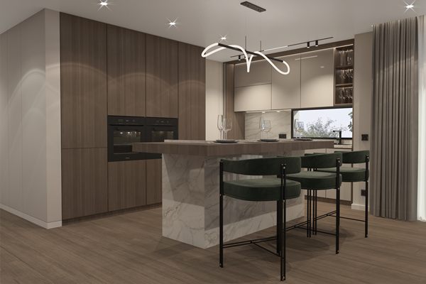 Developer's render of the kitchen, walnut units with a stone island and integrated oven
