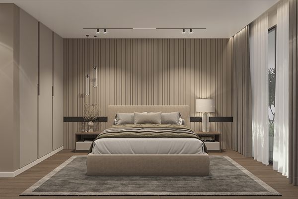 Developer's render of the main bedroom with a panelled headboard wall