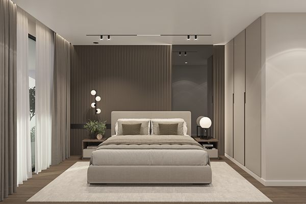 Developer's render of the second bedroom with fitted wardrobes