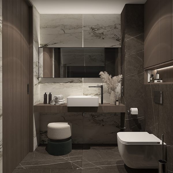 Developer's render of a bathroom in dark stone with a wall-hung basin