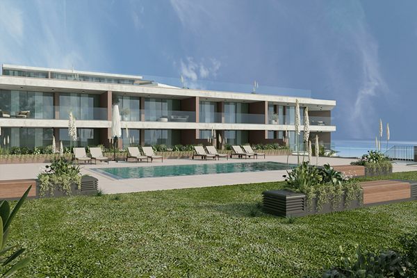 Developer's render of a communal swimming pool and loungers in front of the block