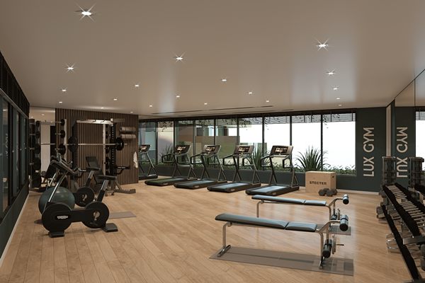 Developer's render of the panoramic gym with cardio equipment along a glazed wall